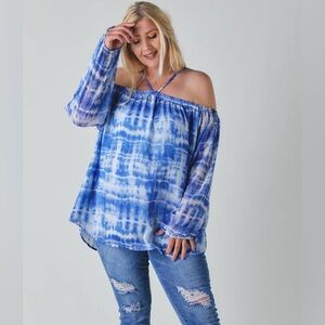 Blue and White Off-the-Shoulder Long Sleeve Blouse